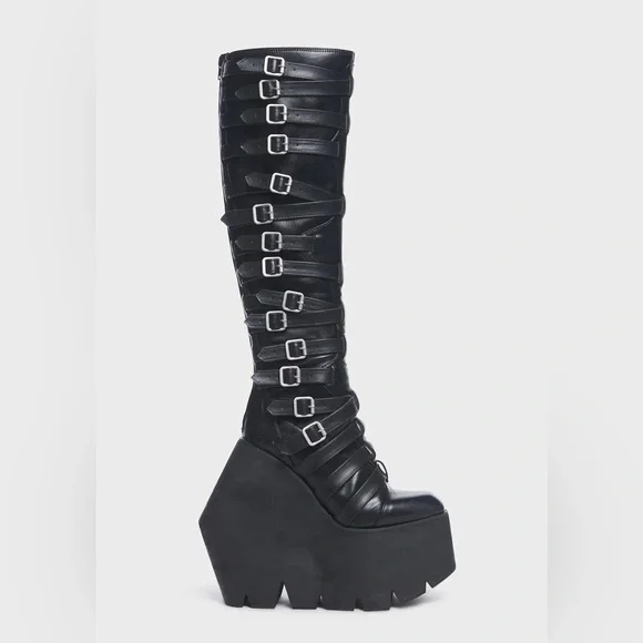 Gothic Black Buckle Strappy Monster Wedge Knee High Platform Boots - 9 - Picture 5 of 17